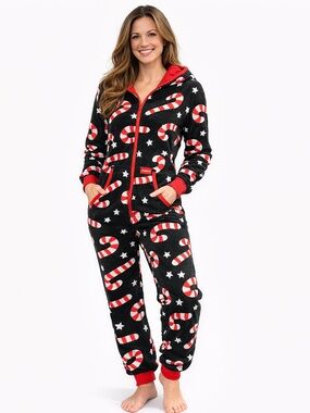 Tipsy Elves Holiday Candy‎ Cane Fleece Jumpsuit with Hood PJ Lounge SZ Large NWT